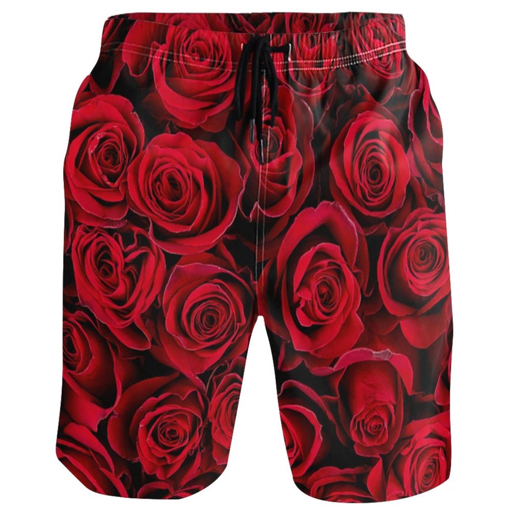 visesunny Red Rose Floral Men Beach Shorts Hot Summer Swim Trunks Sports Swimming Bathing Suits with Mesh Lining
