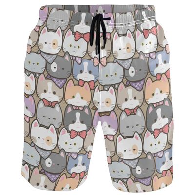visesunny Cute Kitty Print Men's Beach Shorts Summer Swim Trunks Sports Running Bathing Suits with Mesh Lining