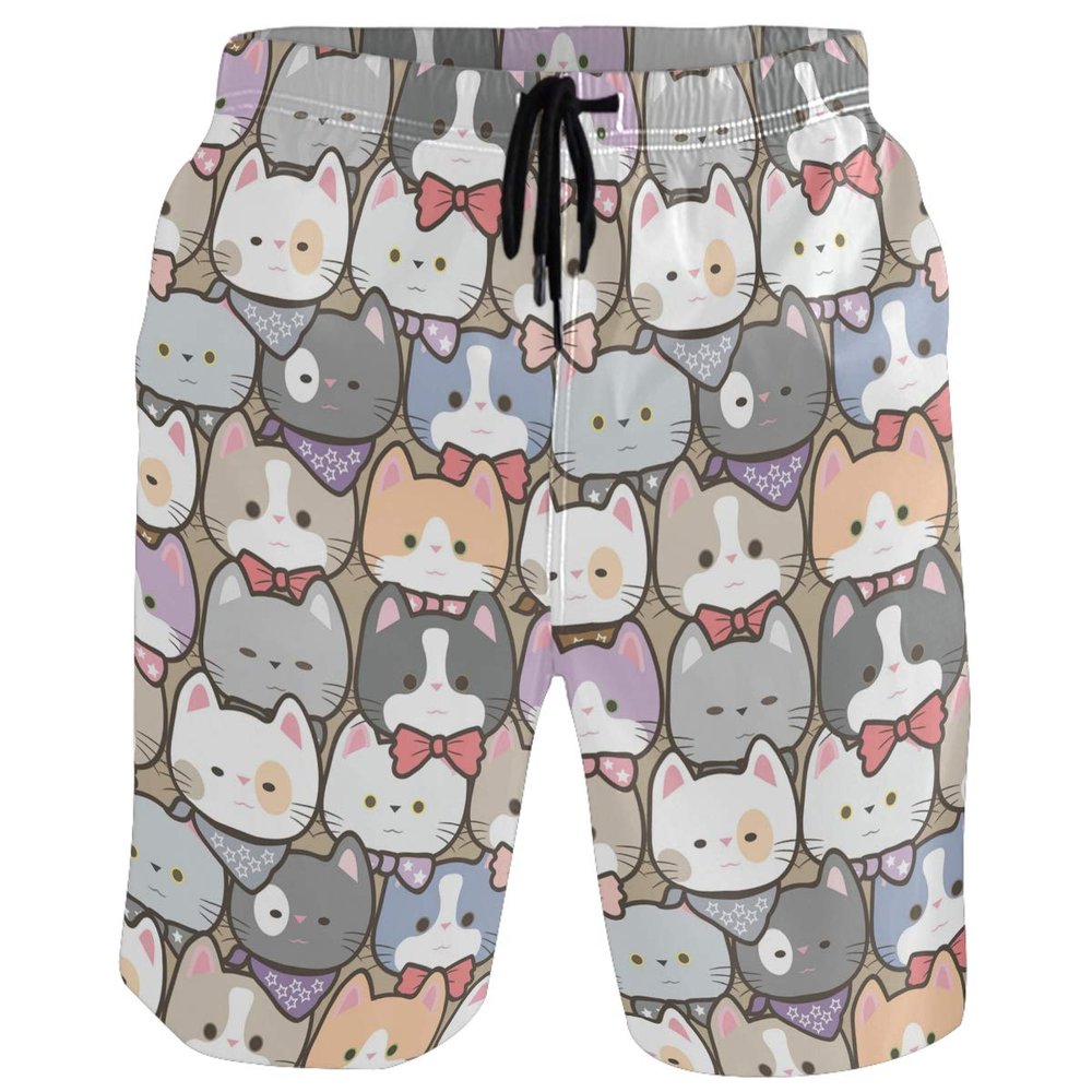 visesunny Cute Kitty Print Men's Beach Shorts Summer Swim Trunks Sports Running Bathing Suits with Mesh Lining