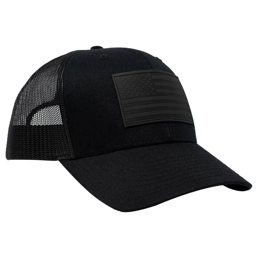 13 STRIPES American Flag Hat  Leather Patch Mesh Back Snapback Hat for Men & Women USA Flag Trucker Hat, Casual Unisex Hat - Blackout