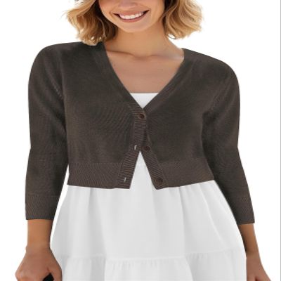 Urban CoCo Women's Cropped Cardigan V-Neck Button Down Knitted Sweater 3/4 Sleeve (Coffee, XL)