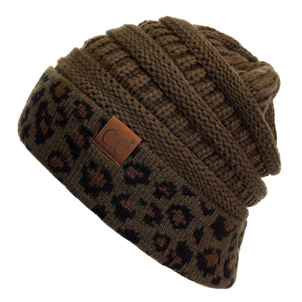 C.C Exclusives Solid Ribbed Color Beanie hat with Leopard Pattern Cuff (HAT-80) (New Olive)