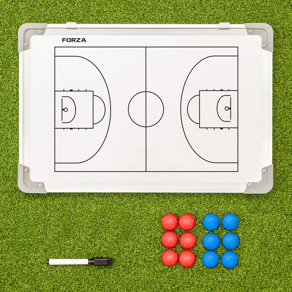 FORZA 18in x 12in Double-Sided Sports Coaching Whiteboard | 13 Sports Options - Magnetic Markers, Pen, and Eraser Included (Basketball, Without Carry Bag)