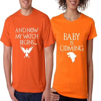 ALLNTRENDS Couples T Shirts Baby is Coming My Watch Begins Fans Pregnancy Tshirt (Womens L Mens L, Orange)