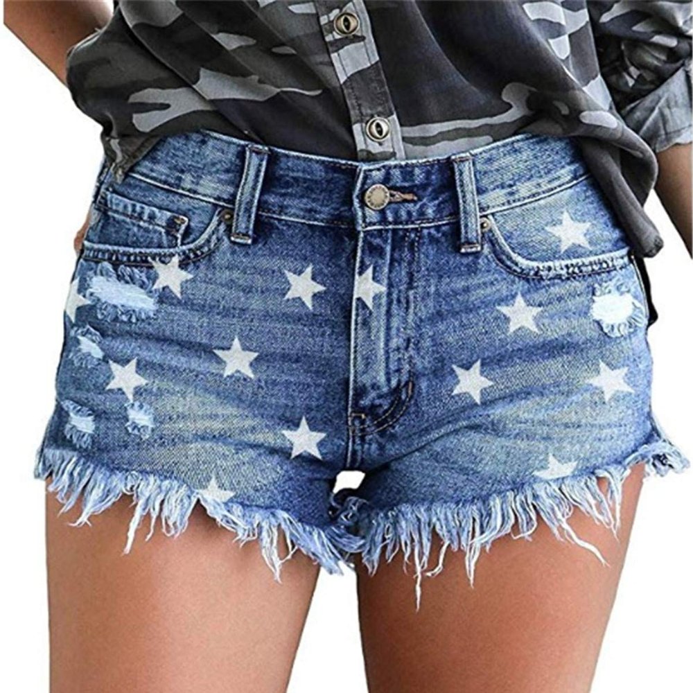 onlypuff Plus Size Bermuda Shorts Star Denim Shorts Frayed Jean Shorts for Women XXL
