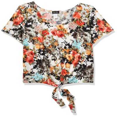 Star Vixen Women's Plus-Size Plus-Size Short Sleeve Classic Tiefront Smooth Knit Top Shirt, Dark Floral, 3X