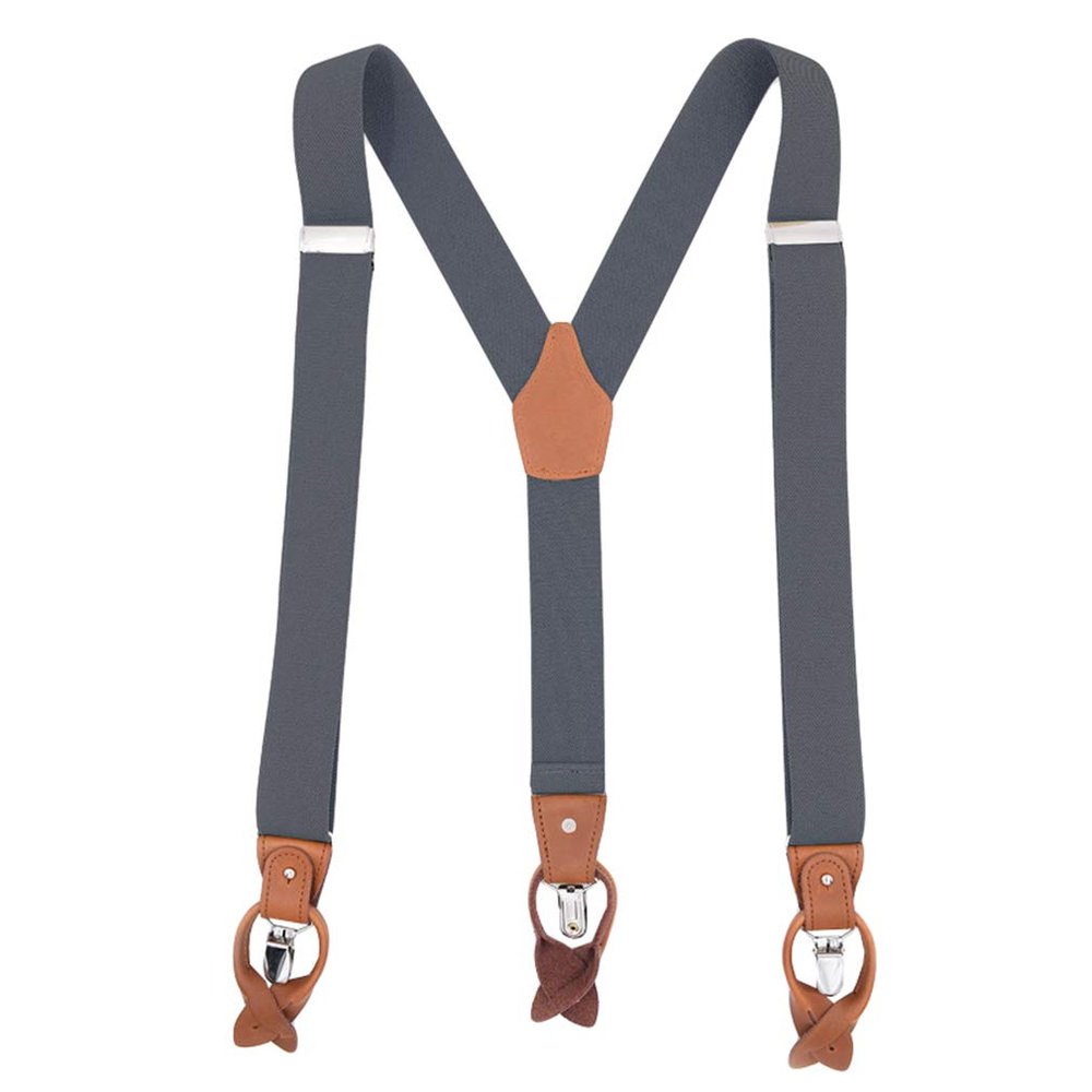 AYOSUSH Suspenders for Men Button End Leather Dark Grey Groomsmen 3 Clips Braces
