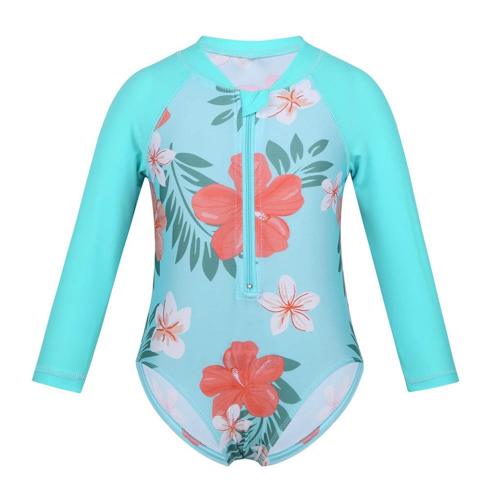 Agoky Baby Toddler Girls Long Sleeve Swimsuit Floral Rash Guard Sun Protection Cyan One Pieces 12-18 Months