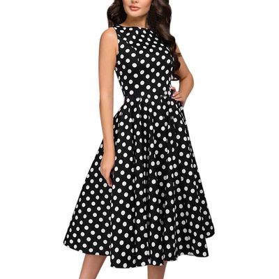 HHmei Women Elegant Dot Print Sleeveless Vintage Zip Flare Retro Knee Length Dress - Strap Spandex Nylon Occasion Silver Hold Colors Sexy Prom Bridesmaid Bride White Cocktail Maxi (Black L)