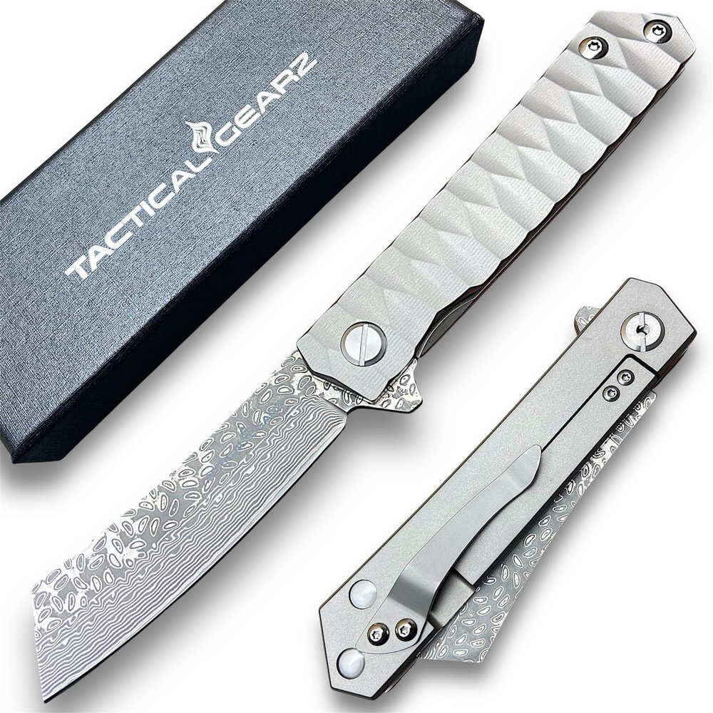 TACTICAL GEARZ Damascus Pocket Knife for EDC, Solid Tc4 Titanium Handle, Multi-Layered Damascus Steel VG10 Blade, Includes Sheath (Silver XS)