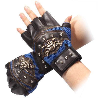 Fuaisi Sport Cycling Motorcycle Gloves Cool Pirate Skull Punk Rivet Moutain Bike Bicycle Half Finger Gloves (Blue)