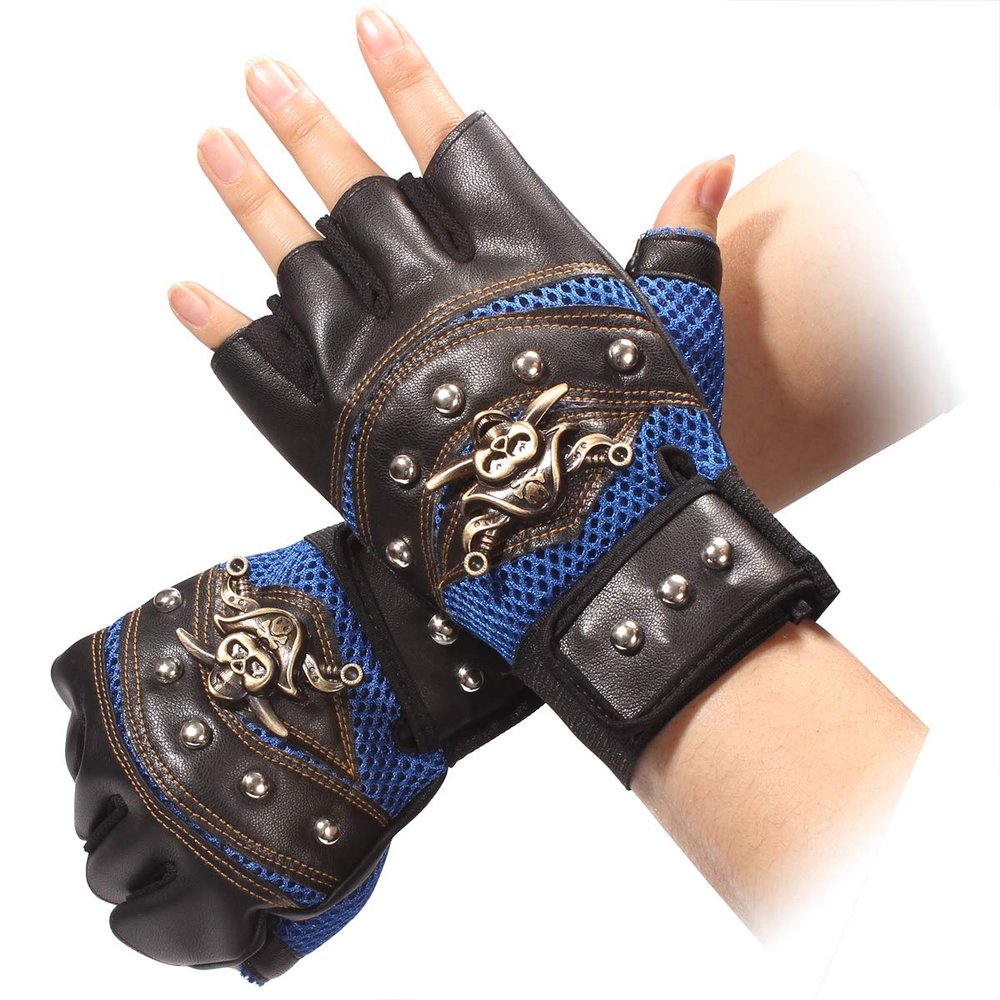 Fuaisi Sport Cycling Motorcycle Gloves Cool Pirate Skull Punk Rivet Moutain Bike Bicycle Half Finger Gloves (Blue)