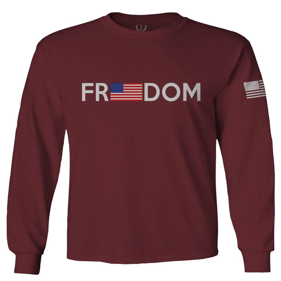 0160. Freedom Military Patriotic Proud American Flag Armour US USA Men's Long Sleeve t Shirt (Maroon Medium)