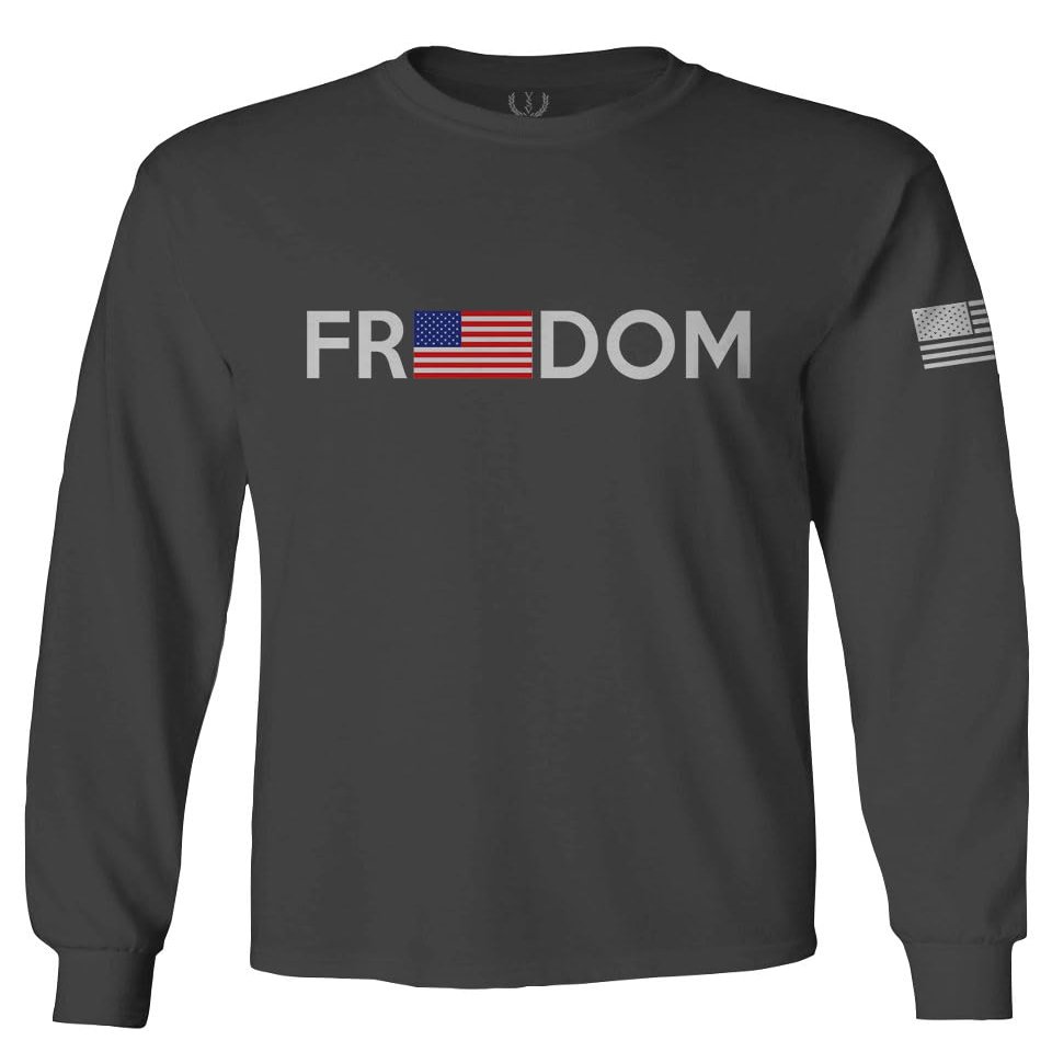 0160. Freedom Military Patriotic Proud American Flag Armour US USA Men's Long Sleeve t Shirt (Characol, X-Large)