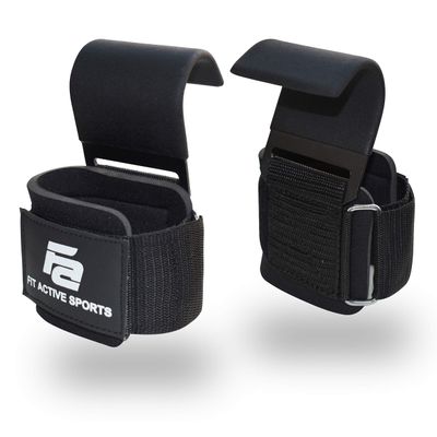 Fit Active Sports Heavy Duty Steel Weight Lifting Hooks with Wrist Straps - for Gym Barbell Deadlift Power Lifting Workouts - Workout Grips with Padded Straps - Great for Men and Women