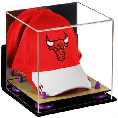 Better Display Cases Acrylic Basketball Hat or Cap Display Case with Mirror, Wall Mount, Purple Risers and Wood Base (A006-PR)