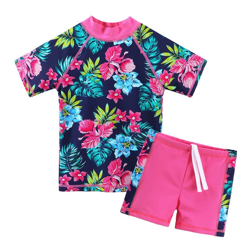 Girls Two Piece Swimsuit Floral UPF 50+ Rash Guard Set Kids Swimwear S200_NavyFlower_12A Navy Flower