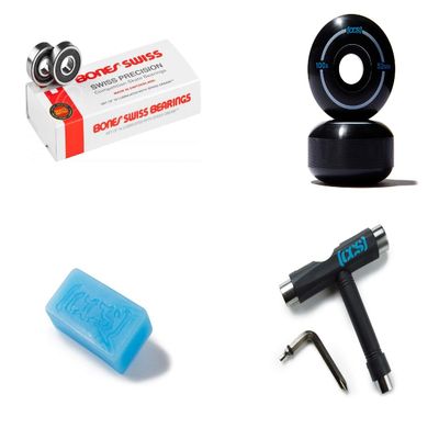 Bones Swiss Original Skateboard Bearings 16 Pack W/CCS Skate Tool, Wax, and 52mm Black Wheels