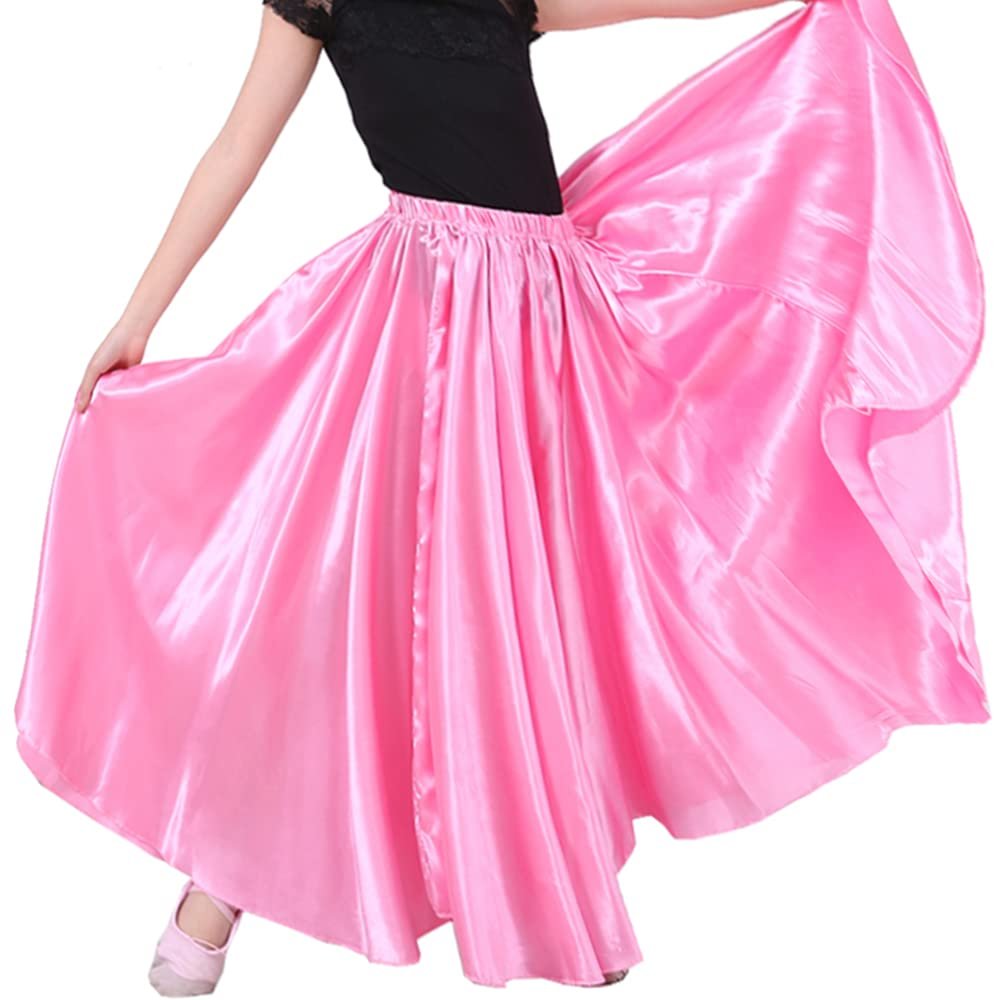 Professional Girls Belly Latin Dance Training Skirt - Dance-Specific Full Flowy Circle Ankle-Length with Elastic Waist (Pink)