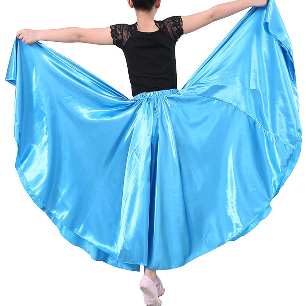 Professional Girls Belly Latin Dance Training Skirt - Dance-Specific Full Flowy Circle Ankle-Length with Elastic Waist (Lakeblue)