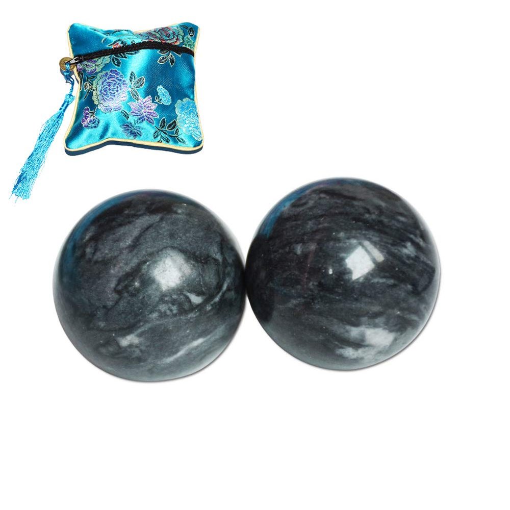 OHAYA Chinese Marble Natural 3.5 cm Hand Balls Black Gray Health Exercise Stress Balls Baoding Balls Relieve Hand Exercise (with Blue Bag)