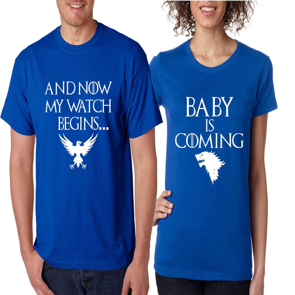 ALLNTRENDS Couples T Shirts Baby is Coming My Watch Begins Fans Pregnancy Tshirt (Womens 2XL Mens 3XL, Royal Blue)