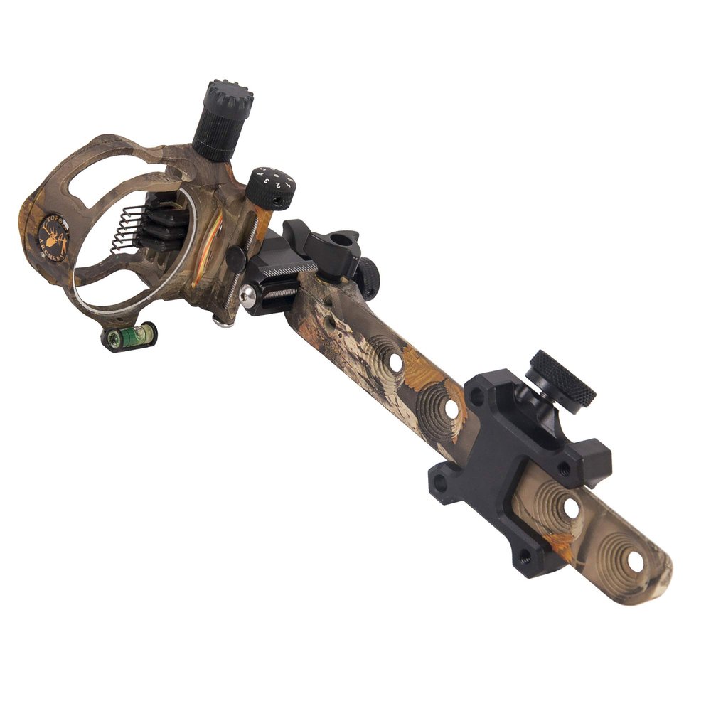 TOPOINT ARCHERY CNC Aluminum 5/7 Pin .019" Tool-Less Bow Sight with Micro Adjust Detachable Bracket LED Sight Light for Left/Right Hand (PRO 7 PINS, CAMO)