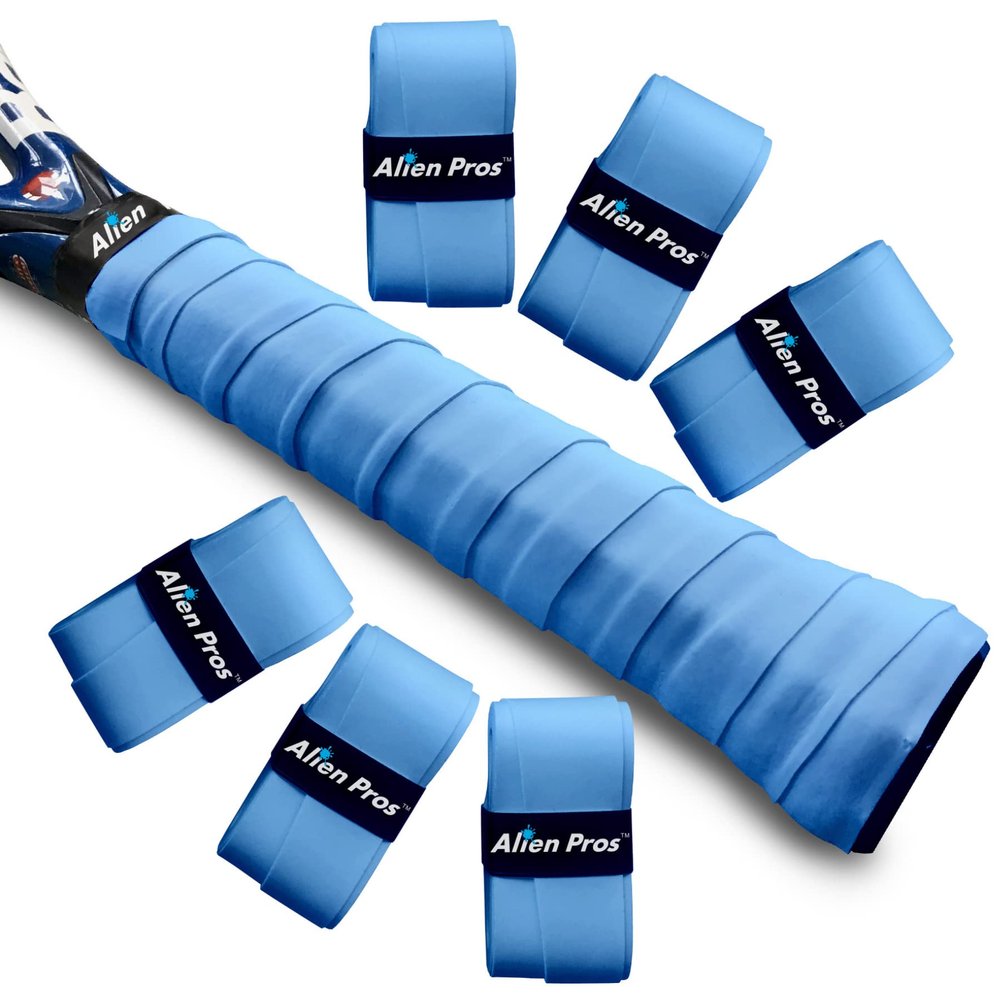 Alien Pros Tennis Racket Grip Tape (6 Grips) Precut and Light Tac Feel Tennis Grip Tennis Overgrip Grip Tape Tennis Racket Wrap Your Racquet for High Performance (6 Grips, Blue)