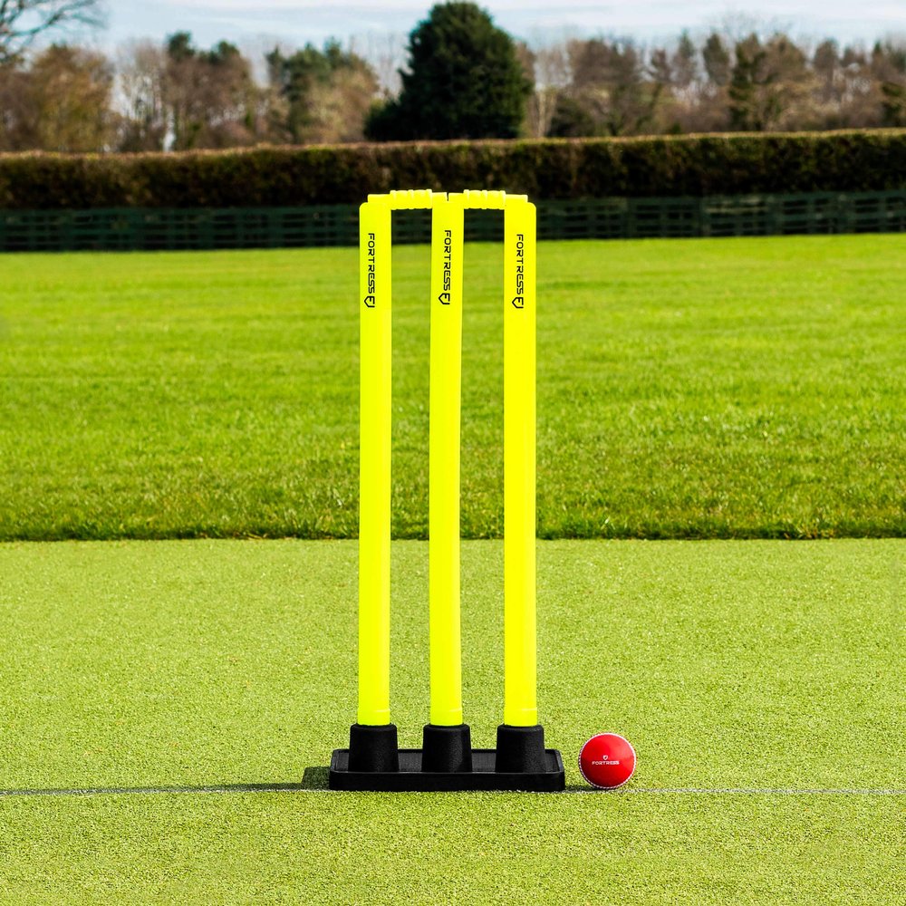 FORTRESS Flexi Cricket Stumps [Rubber Based] | Fluro Yellow Plastic Stumps & Bails (100% Portable) (Junior)