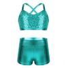 ACSUSS Kids Girls Gymnastics Ballet Dance Outfit Shiny Sequins Crop Top with Shorts Activewear Shiny Lake_Blue 10-12 view 1