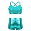 ACSUSS Kids Girls Gymnastics Ballet Dance Outfit Shiny Sequins Crop Top with Shorts Activewear Shiny Lake_Blue 10-12 view 2