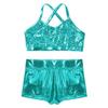 ACSUSS Kids Girls Gymnastics Ballet Dance Outfit Shiny Sequins Crop Top with Shorts Activewear Shiny Lake_Blue 10-12 view 3