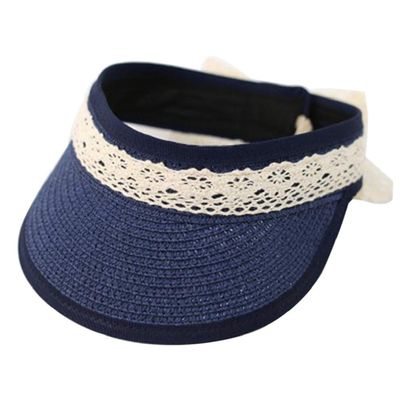 Familyhouse Kids Girls Straw Sun Hat Summer Beach Visor Wide Brim Adjustable Reversible Cap Navy Blue