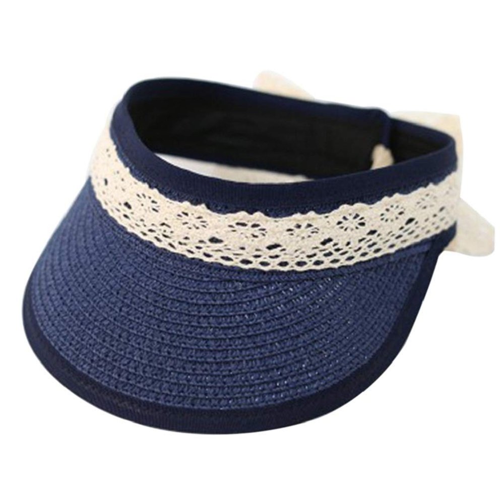 Familyhouse Kids Girls Straw Sun Hat Summer Beach Visor Wide Brim Adjustable Reversible Cap Navy Blue