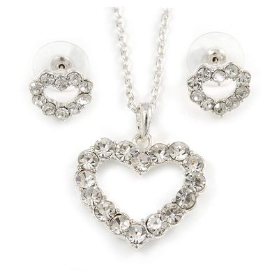 Avalaya Clear Austrian Crystal Open Cut Heart Pendant With Silver Tone Chain and Stud Earrings Set - 40cm L/ 5cm Ext - Gift Boxed