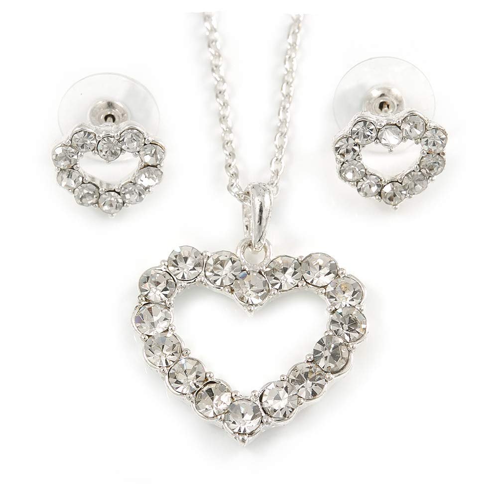 Avalaya Clear Austrian Crystal Open Cut Heart Pendant With Silver Tone Chain and Stud Earrings Set - 40cm L/ 5cm Ext - Gift Boxed