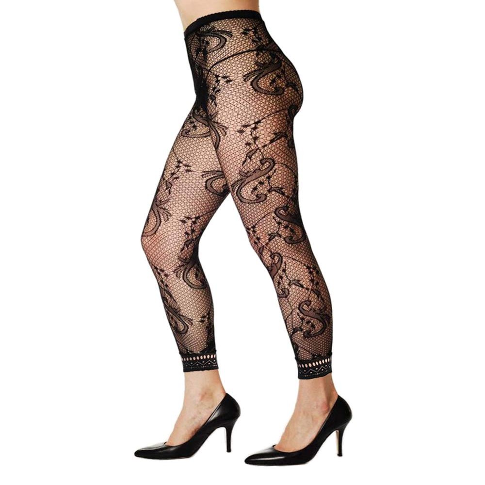 Abberrki Women High Waist Fishnet Footless Leggings Flower Pattern Footless Tights (Black # 2)