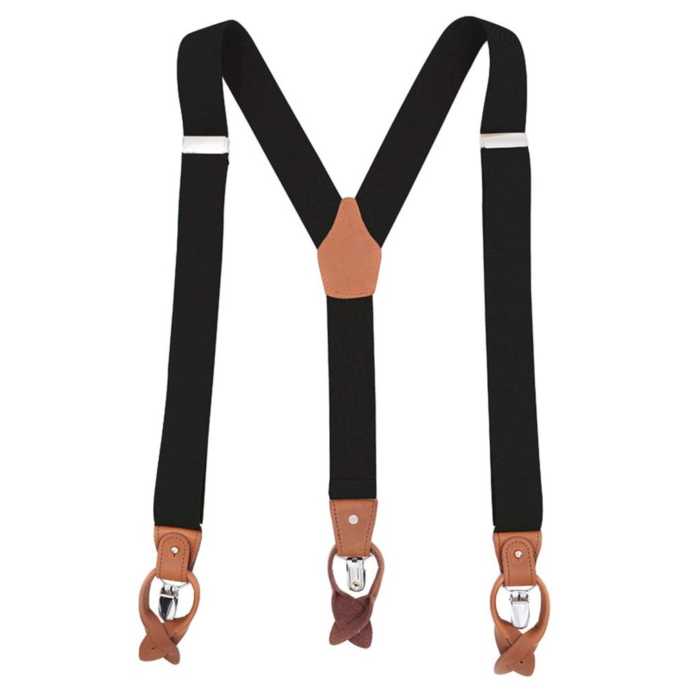 AYOSUSH Mens Suspenders Button End Leather Black Y Back 3 Clip Heavy Duty Braces