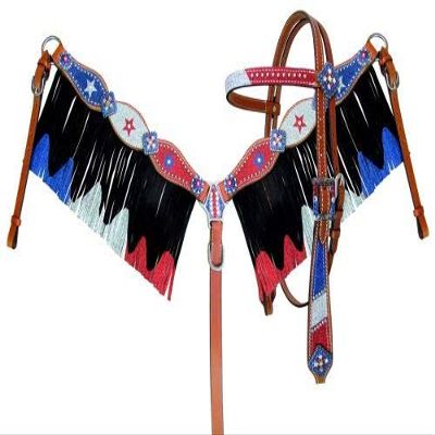 Showman Leather Headstall Set with Red, Silver and Blue Glitter Accents