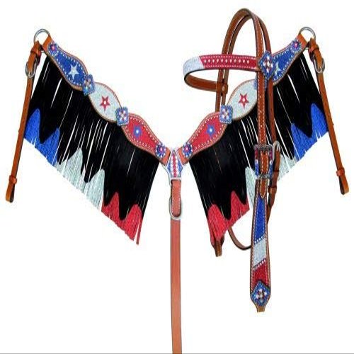 Showman Leather Headstall Set with Red, Silver and Blue Glitter Accents