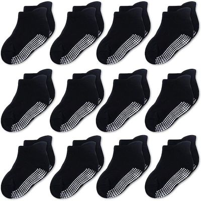 CozyWay Toddler Grip Socks Non-Slip Grippers - 3T-5T Black Ankle 12 Pack - Soft Cotton & Reinforced Toe - Grippy Socks for Toddlers, Boys & Girls