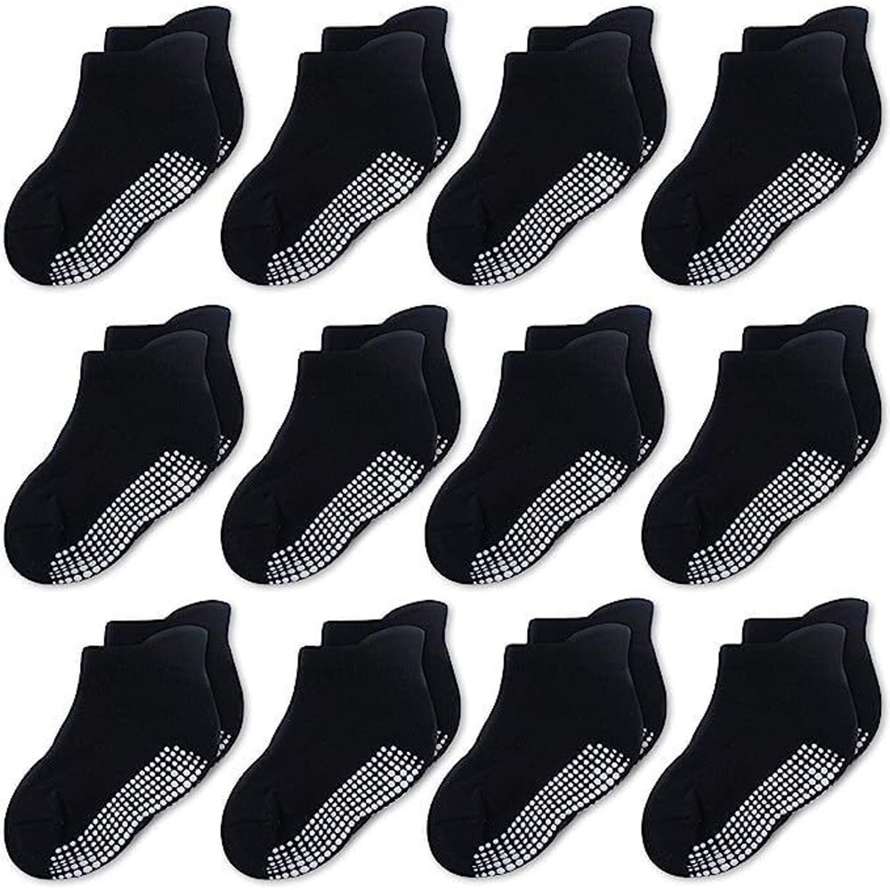 CozyWay Toddler Grip Socks Non-Slip Grippers - 3T-5T Black Ankle 12 Pack - Soft Cotton & Reinforced Toe - Grippy Socks for Toddlers, Boys & Girls