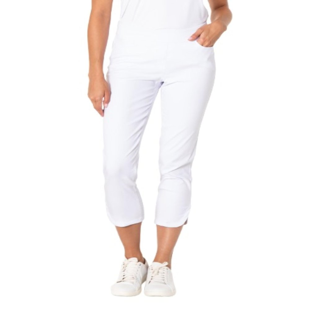 Slimsation Womens Golf Pull-On Crop Pants with Pockets Tummy Control Stretch Fabric, Dolphin Hem, Mid Rise Slim Fit Capri for Golf, Travel & Everyday Wear (White, 16)