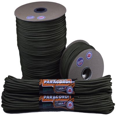 10', 25', 50', 100' Hanks or 250', 1000' Spools of Parachute 550 Cord Type III 7 Strand Paracord - Moss Green Black Stripes - 250 Foot Spool