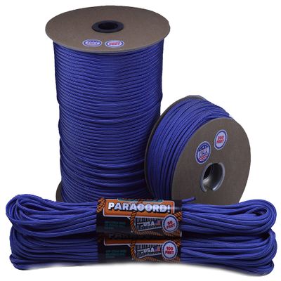 10', 25', 50', 100' Hanks or 250', 1000' Spools of Parachute 550 Cord Type III 7 Strand Paracord - Electric Blue Silver Stripes - 1000 Foot Spool