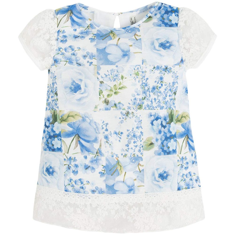 Mayoral Chic Little Girls 2T-9 Floral Print Lace-Sleeve Blouse Shirt/Top, Light Blue,3