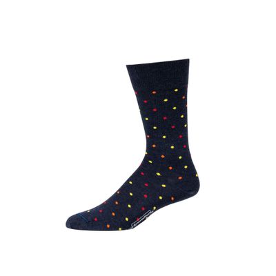 BoardroomSocks Merino Wool Mid-Calf Patterned Socks, Dress Socks for Men, Navy With Tri-color Dots