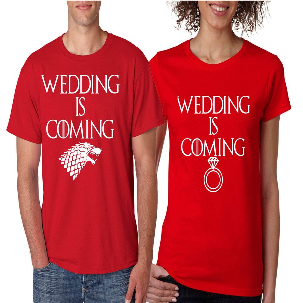 ALLNTRENDS Couples T Shirts Wedding is Coming Engagement Fans Gift Love Tees (Womens 2XL Mens S, Red)