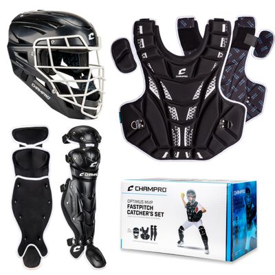 Champro Fastpitch Softball Catcher's Set - Headgear, Chest Protector, Leg Guards, Black, Age 9-12 (CBSF9)