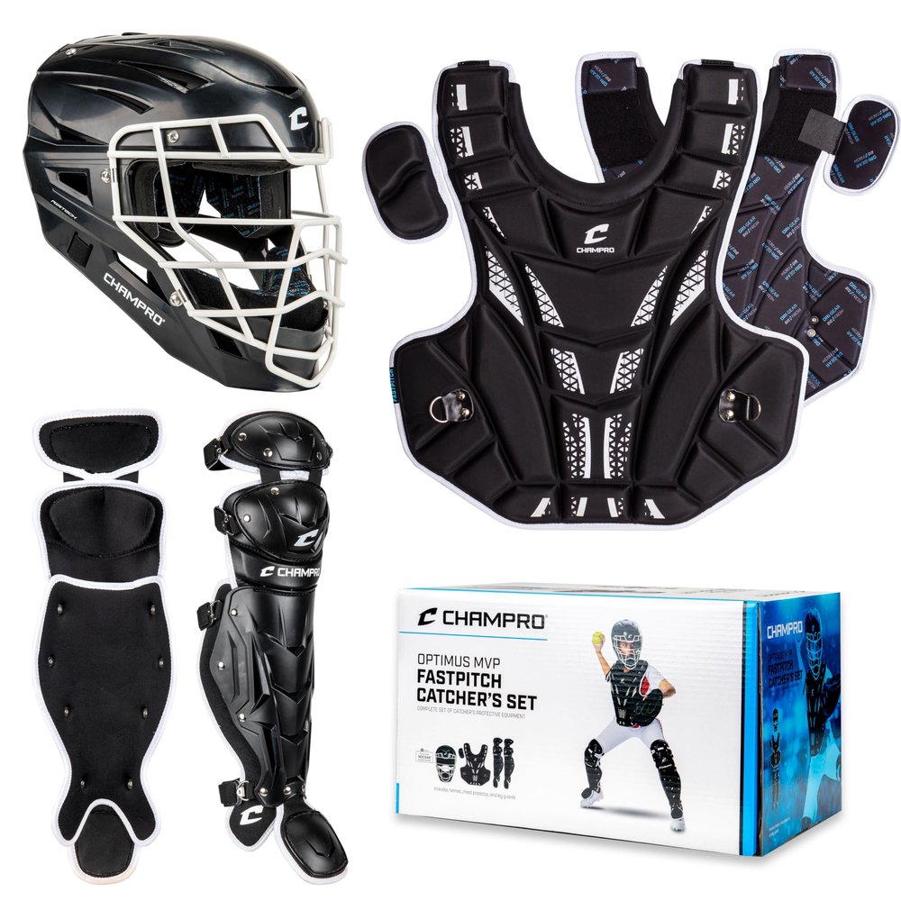 Champro Fastpitch Softball Catcher's Set - Headgear, Chest Protector, Leg Guards, Black, Age 9-12 (CBSF9)
